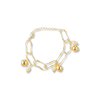 Pulseira com pérola barroca e bola banhada a ouro 18k e ródio, design sofisticado e acabamento de luxo UNA Semijoias.