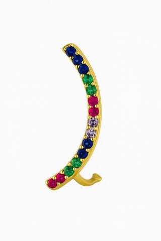 Brinco earcuff com zircônias coloridas, acabamento polido e design moderno, leve, hipoalergênico e resistente.
