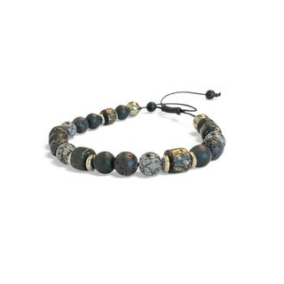 pulseira masculina de pedras naturais pretas e detalhes dourados da una semijoias e aço