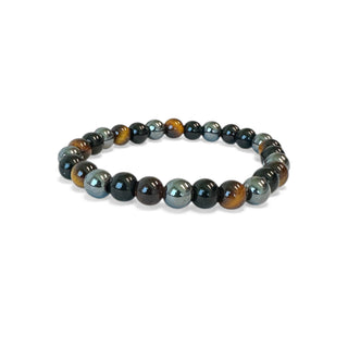 pulseira masculina de pedras naturais com contas pretas, marrons e prateadas da una semijoias e aço