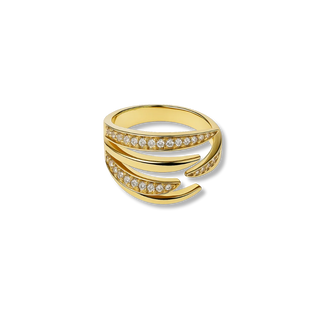 Anel garras cravejado com zircônias banhado a ouro 18k e ródio, design moderno e acabamento premium UNA Semijoias.