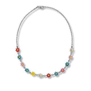 Choker flor esmaltada colorida aço 316L, design vibrante e acabamento de alto brilho UNA Semijoias.