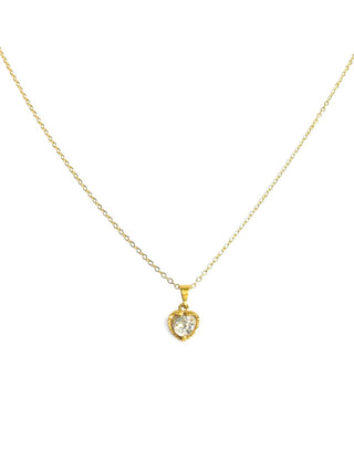 Colar coração cravejado banhado a ouro 18k da UNA Semijoias e Aço em fundo branco, com pingente em forma de coração com pedra central em destaque.