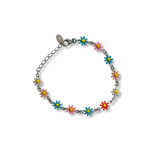 Pulseira flor esmaltada colorida aço 316L, design delicado, moderno e acabamento de alto brilho UNA Semijoias.