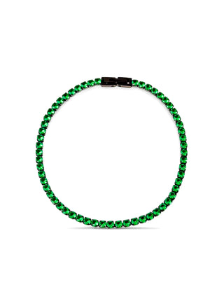 Pulseira masculina em aço inox black com zircônias verdes estilo esmeralda da UNA Semijoias e Aço em fundo branco, acessório moderno, elegante e antialérgico.